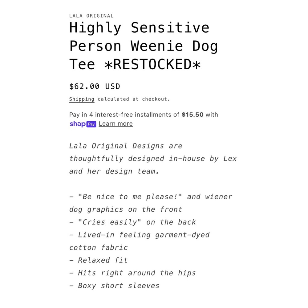 Dressed in LALA Highly Sensitive Person Weenie Dog t-shirt - Picture 9 of 10